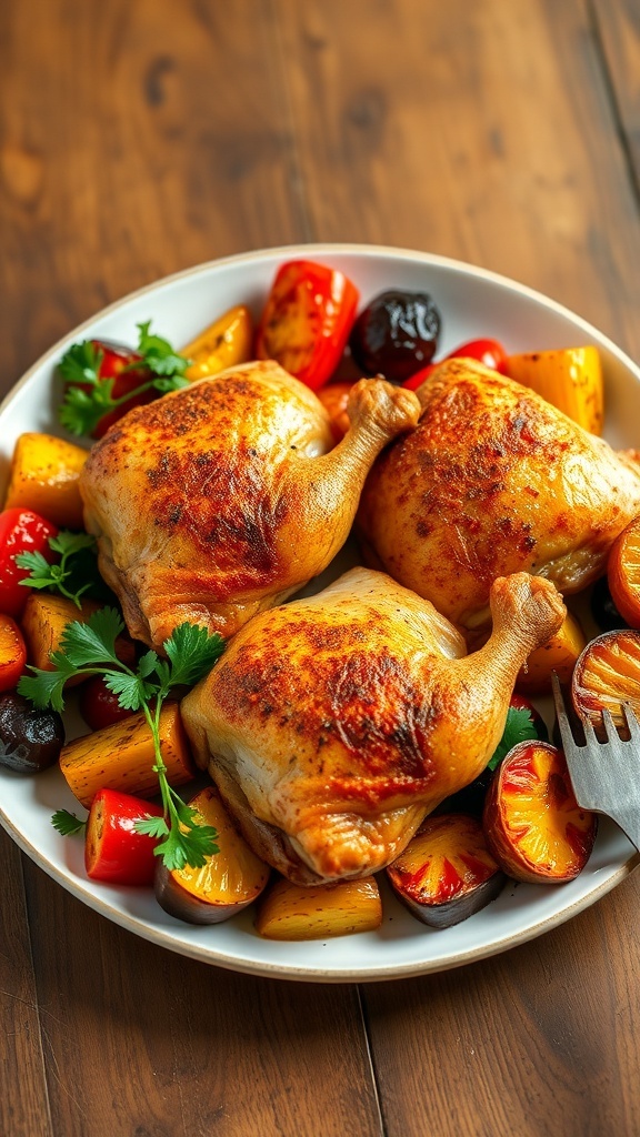 Baked chicken thighs with roasted vegetables on a rustic wooden table.